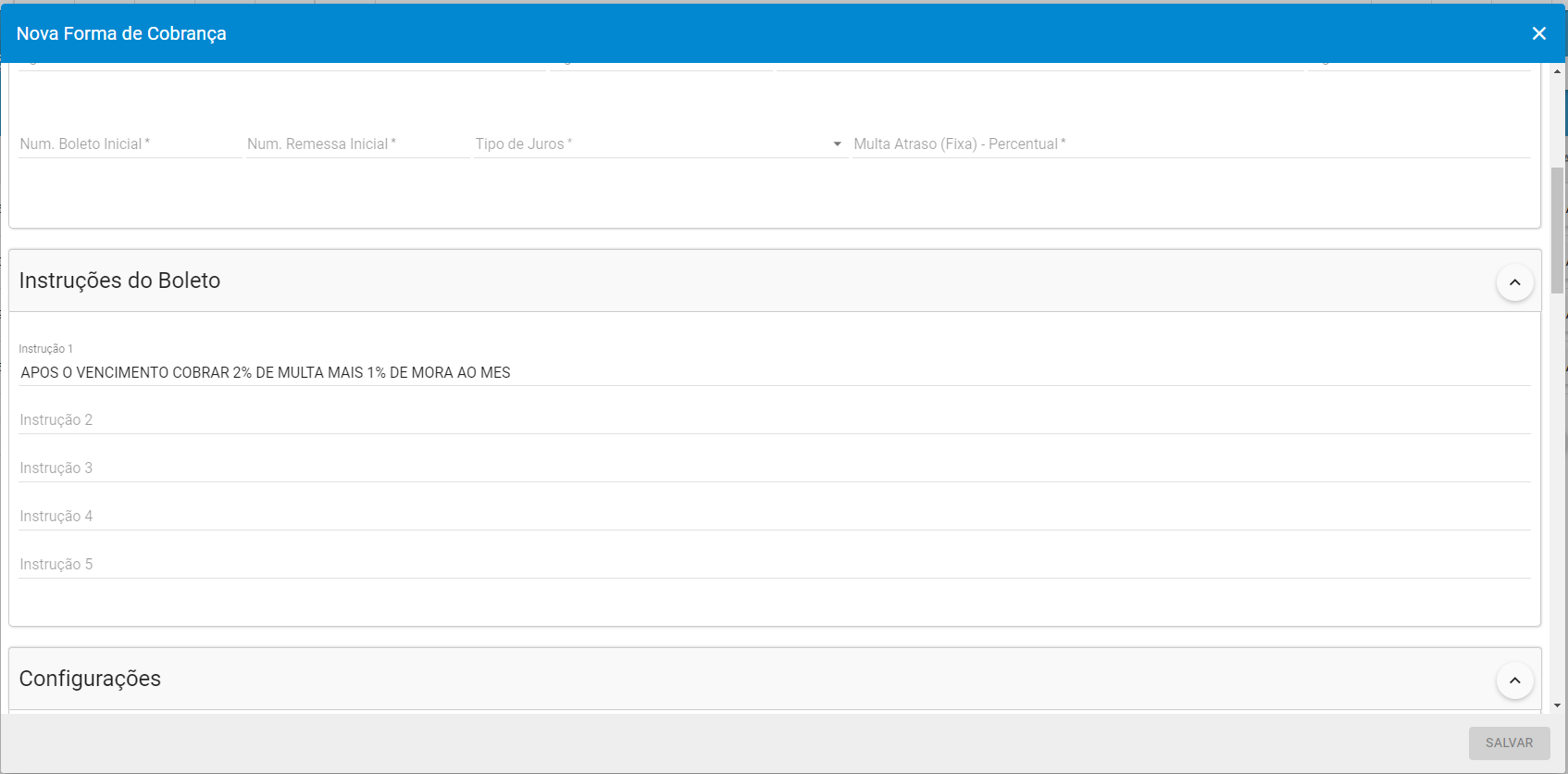 imagem_que_mostra_menu_configuracao_fianceiro_forma_de_cobranca_opcao_adicionar_aba_configuracao_instrucoes_boleto