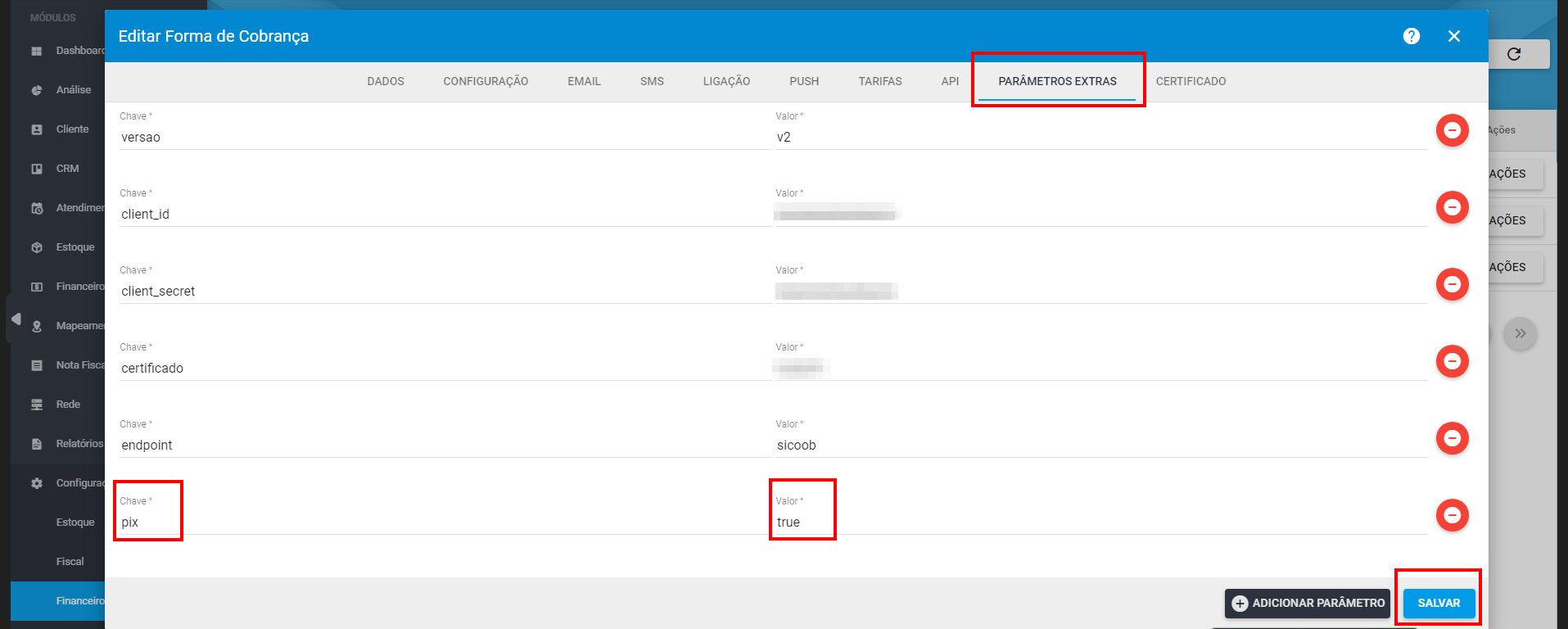 imagem_que_mostra_aba_parametros_extras_parametro_pix_true_e_salvar_na_forma_de_cobranca_sicoob_boleto_hibrido_api_+_pix
