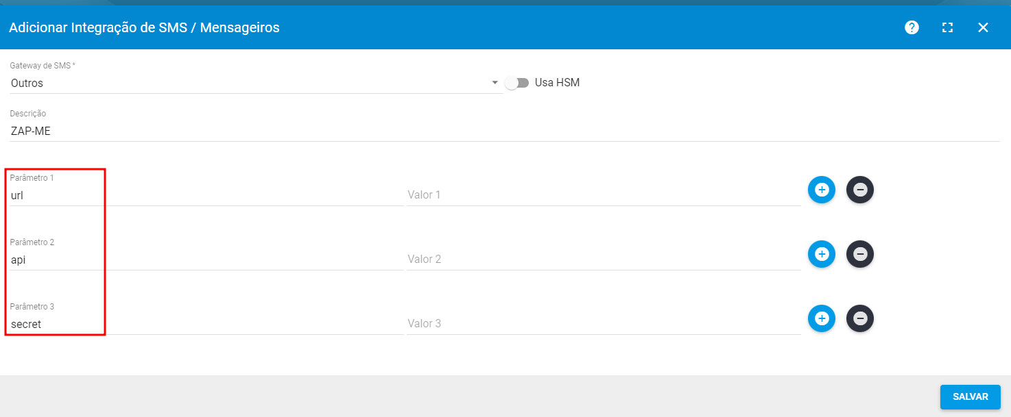 imagem_que_mostra_menu_configuracao_integracoes_sms_mensageiros_icone_adicionar_parametros_url_api_secret_zap_me
