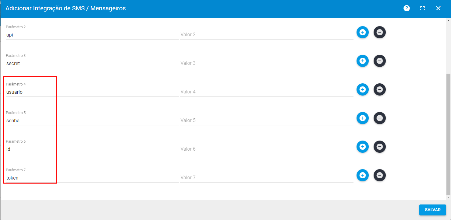 imagem_que_mostra_menu_configuracao_integracoes_sms_mensageiros_icone_adicionar_parametros_usuario_senha_id_token_zap_me