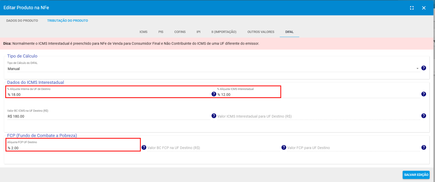 imagem_que_mostra_edicao_de_produto_da_NFe_destacando_aba_difal_aliquotas_para_preencher
