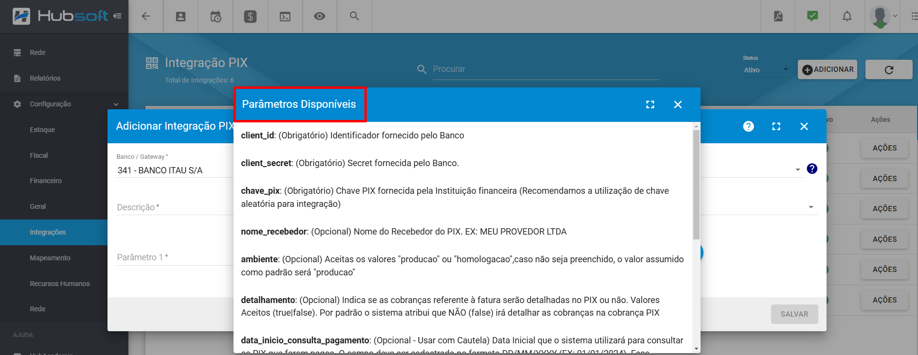 imagem_que_mostra_configuracao_integracao_pix_adicionar_parametros_disponiveis