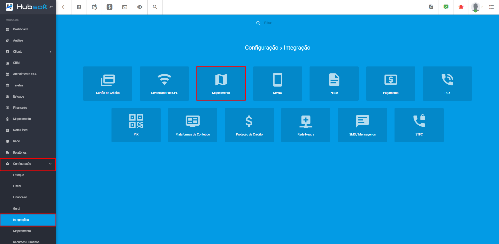 imagem_que_mostra_modulo_configuracao_integracoes_destacando_painel_mapeamento