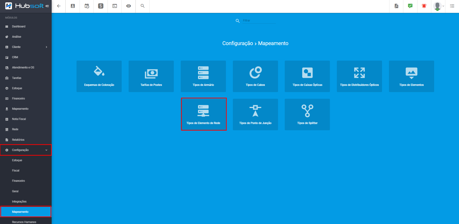 imagem_que_mostra_modulo_configuracao_mapeamento_destacando_painel_tipo_de_elemento_de_rede