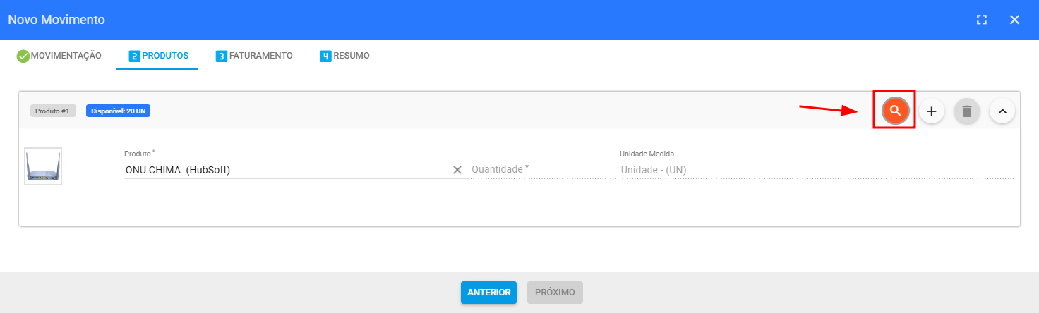 imagem_que_mostra_painel_novo_movimento_transferencia_entre_estoques_empresas_diferentes_destacando_aba_produtos_icone_lupa_consultar_patrimonio