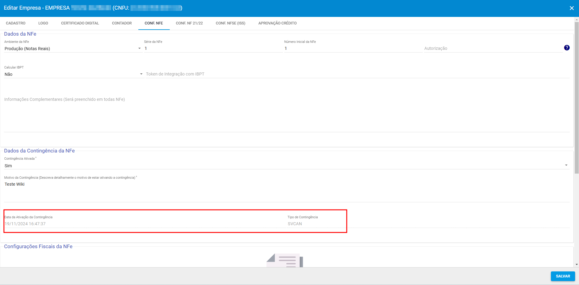 imagem_que_mostra_painel_empresa_destacando_aba_conf_nfe_dados_da_contingencia_data_da_ativacao_e_tipo_de_contingencia