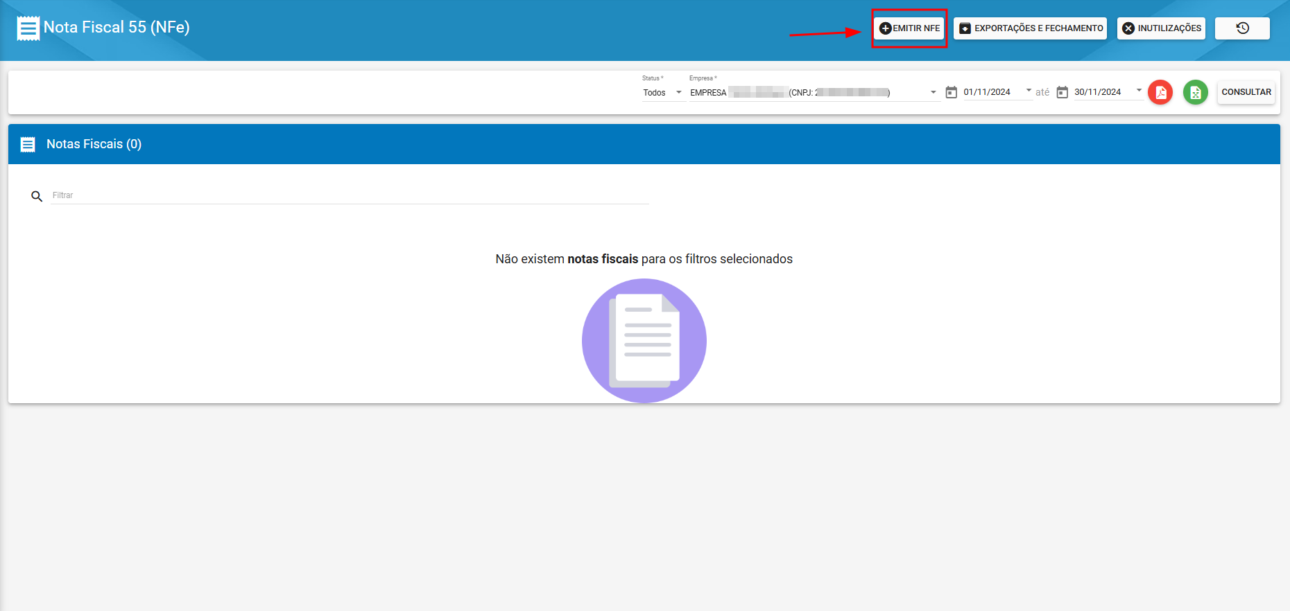 imagem_que_mostra_painel_notas_ficais_destacando_aba_nota_fiscal_55_nfe_botao_emitir_nfe