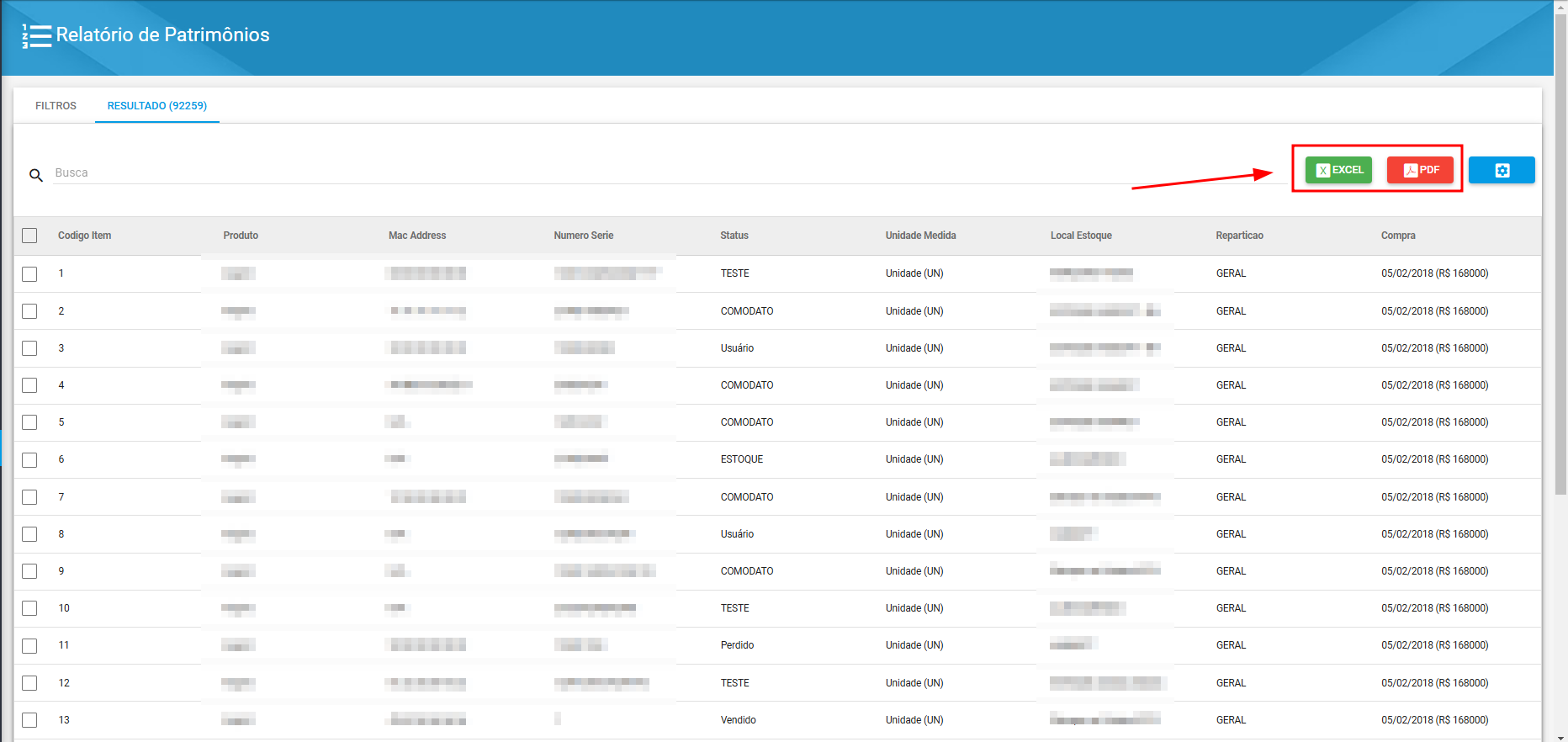 Ilustra_o_painel_de_relatorios_destacando_resultado_relatorio_de_patrimonios_opcao_exportar_excel_ou_pdf