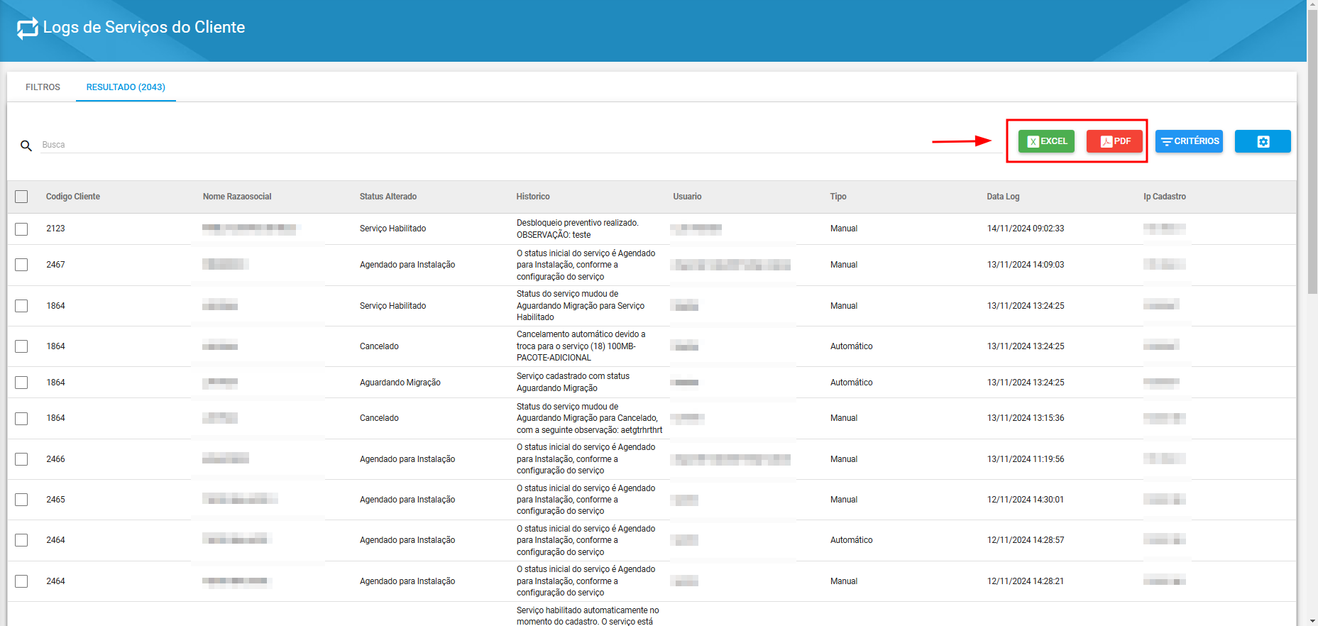 imagem_que_mostra_relatorio_de_logs_de_servicos_do_cliente_destacando_icone_de_exportar_relatorio_pdf_ou_excel