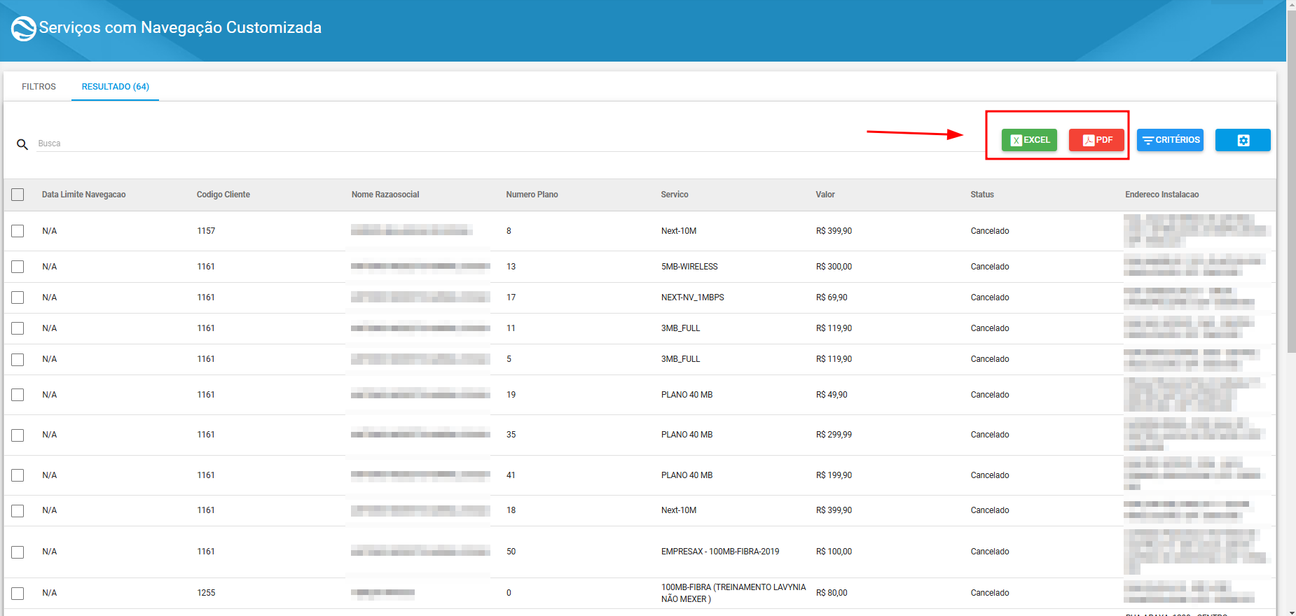 imagem_que_mostra_relatorios_servicos_com_navegacao_customizada_icone_pdf_excel_para_exportar_relatorio