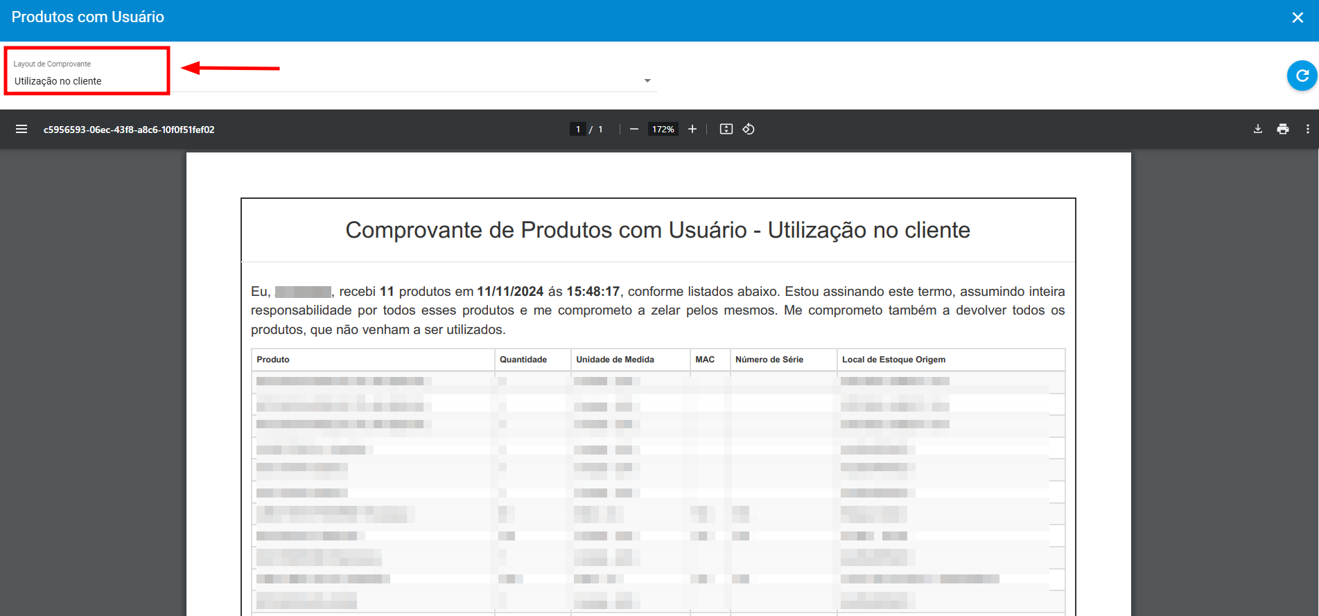imagem_que_mostra_menu_estoque_produtos_com_usuario_acoes_lista_selecionar_acoes_comprovante_selecionar_layout_imprimir