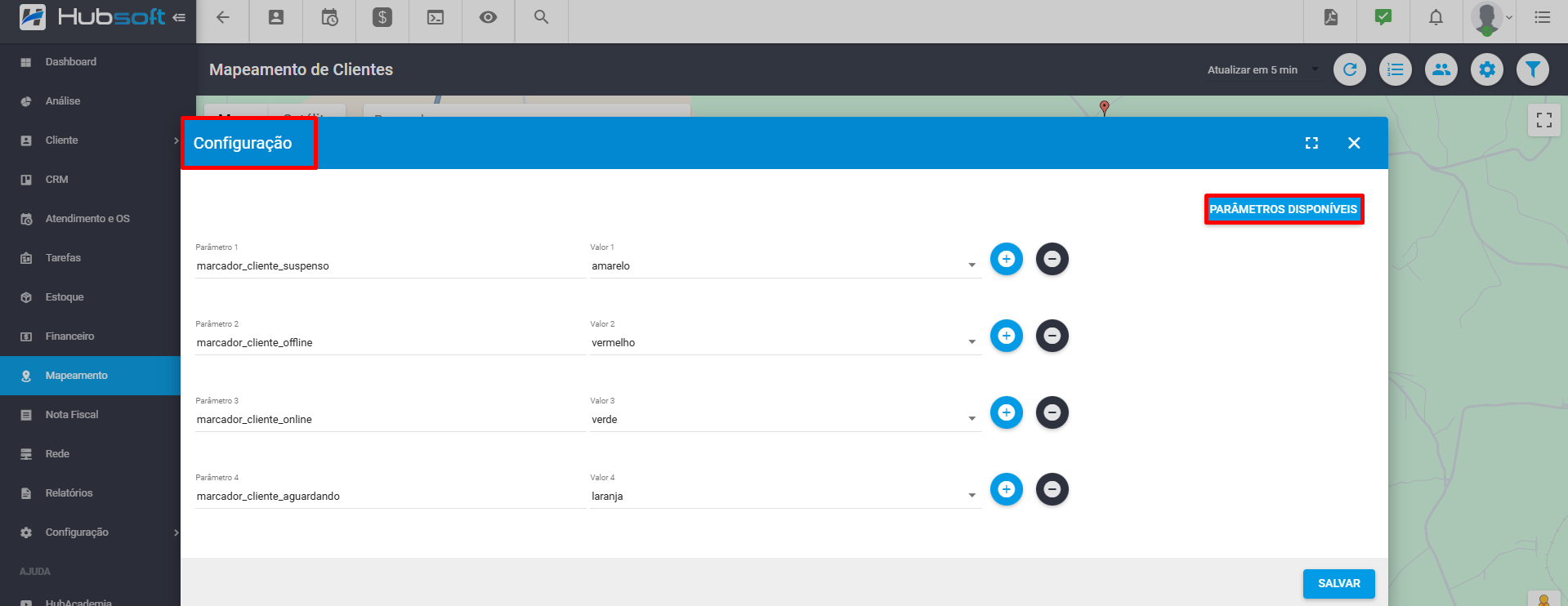 imagem_que_mostra_menu_mapeamento_clientes_exibir_clientes_configuracao_parametros