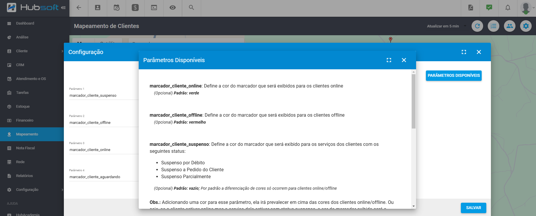 imagem_que_mostra_menu_mapeamento_clientes_exibir_clientes_configuracao_parametros_disponiveis