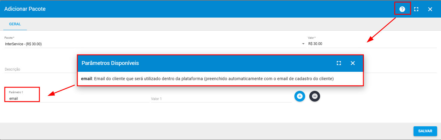 imagem_que_mostra_menu_servico_do_cliente_destacando_opcao_pacotes_adicionar_pacotes_adicionar_parametros_pacote_interservice_e_valor