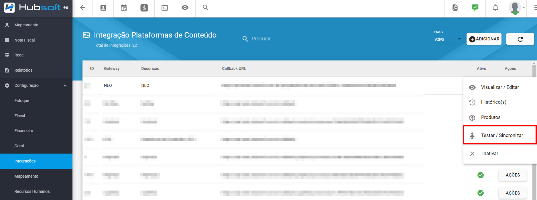 imagem_que_mostra_integracoes_plataforma_de_conteudo_neo_acoes_testar_sincronizar