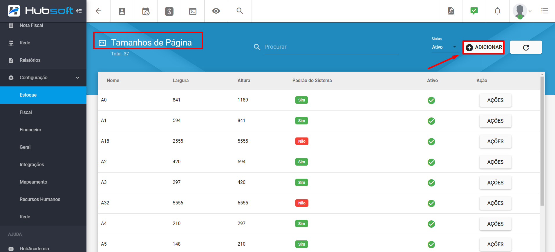 imagem_que_mostra_menu_configuracao_estoque_sistema_tamanho_de_pagina_adicionar