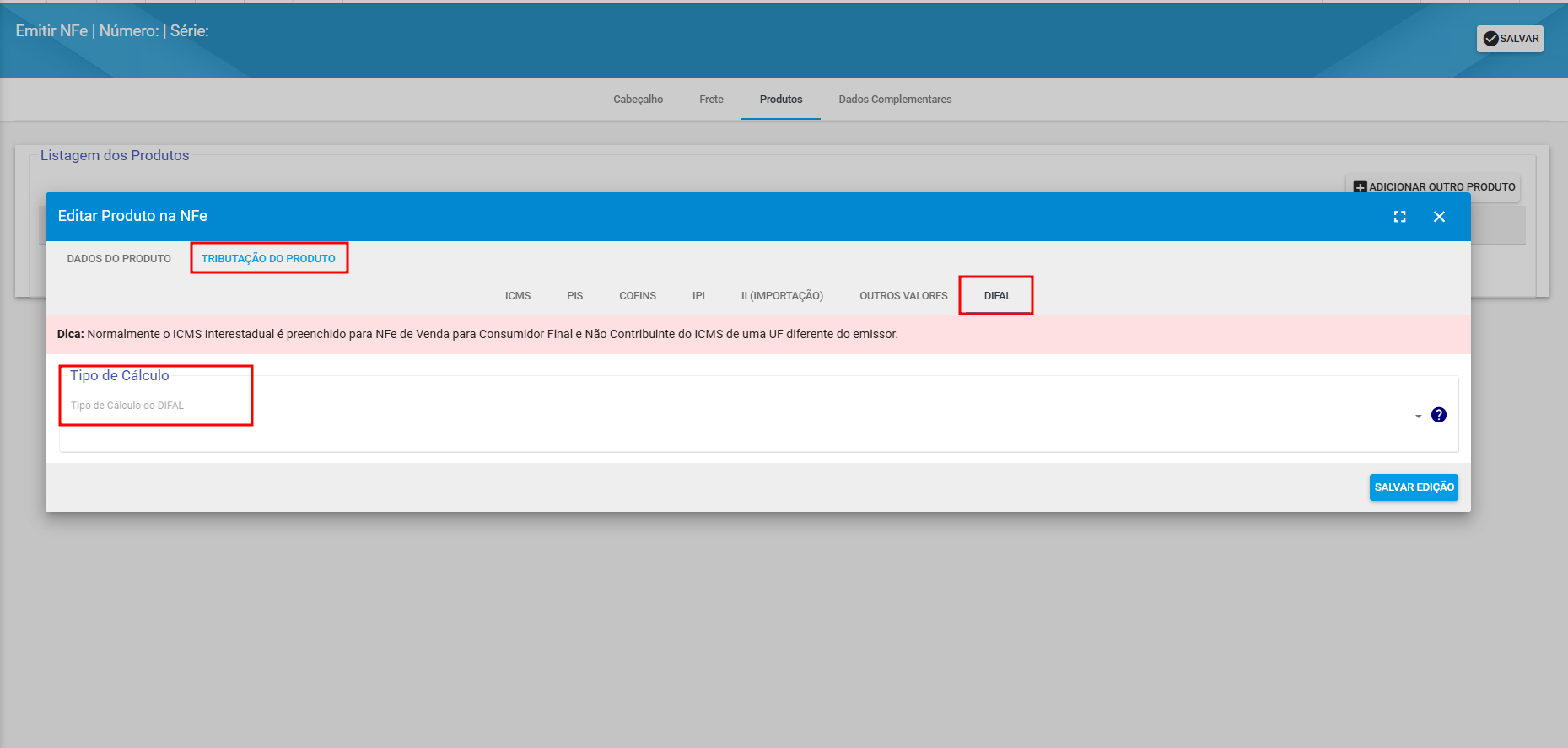 imagem_que_mostra_edicao_de_produto_da_NFe_destacando_aba_difal_e_campo_tipo_de_calculo