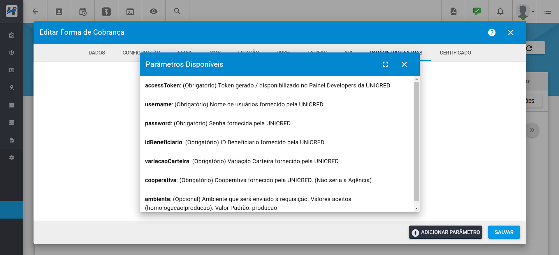 imagem_que_mostra_modulos_configuracao_financeiro_forma_de_cobranca_unicred_parametros_disponiveis