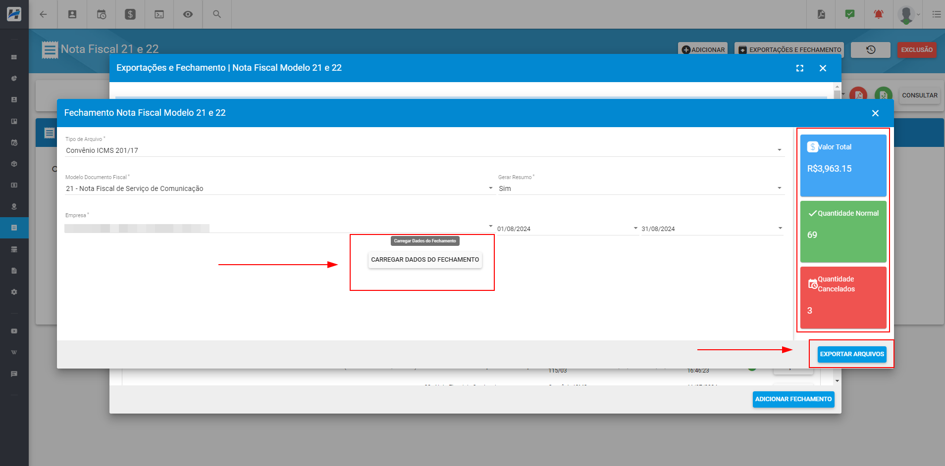 imagem_que_mostra_tela_de_fechamento_nota_fiscal_21_e_22_e_opcao_de_exportar_arquivos_em_exportacoes_e_fechamento_na_tela_nota_fiscal_21_e_22_para_exportacao_e_fechamento_convenio_icms_201_17
