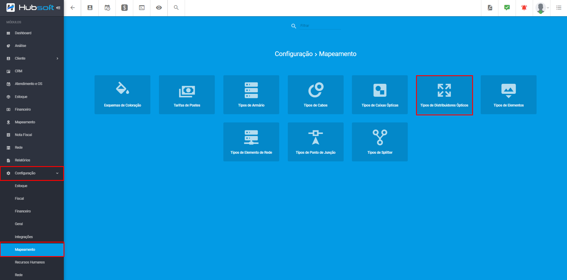 Ilustra_o_painel_de_configuracao_mapeamento_destacando_o_modulo_tipos_de_distribuidores_opticos
