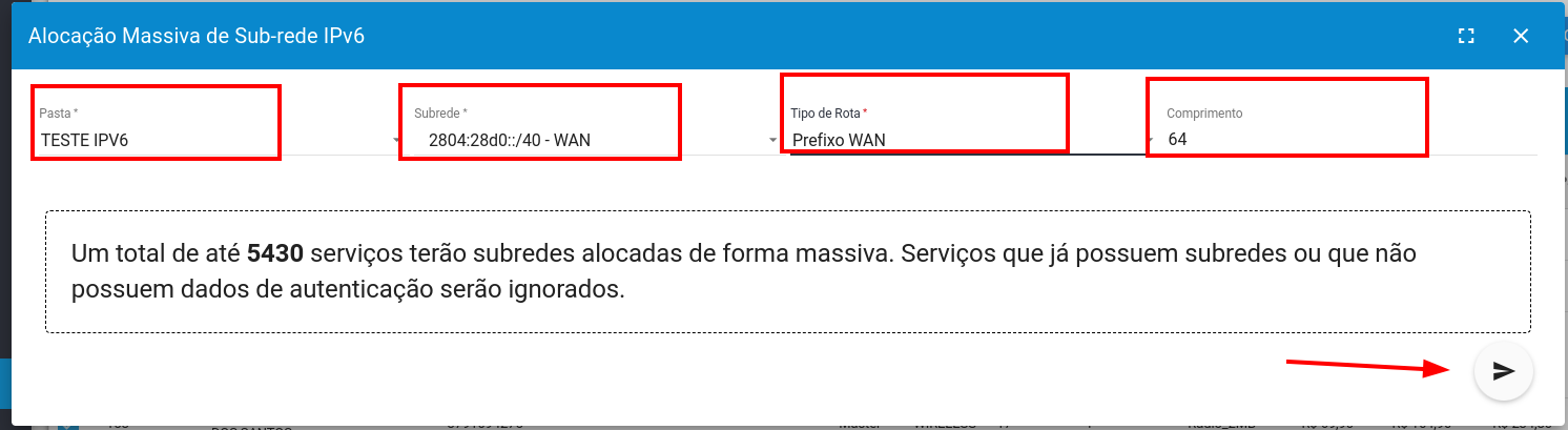 opcoes pasta subrede tipo de rota e comprimeto