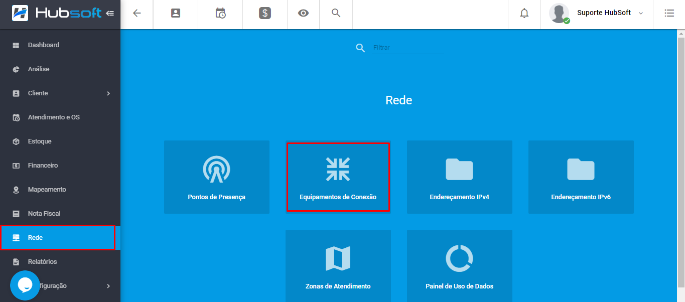 Menu de Equipamentos de Conexão