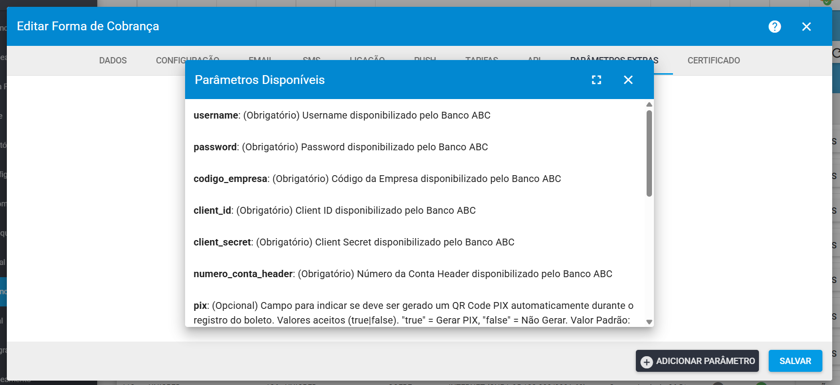 imagem_que_mostra_aba_parametros_extras_icone_parametros_disponiveis_na_forma_de_cobranca_abc_do_brasil_api