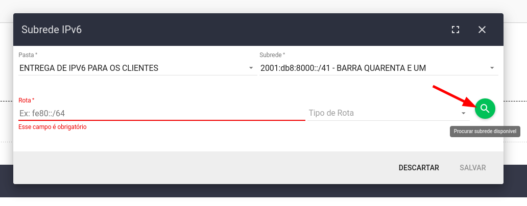 Seta apontando para o botão Procurar subrede