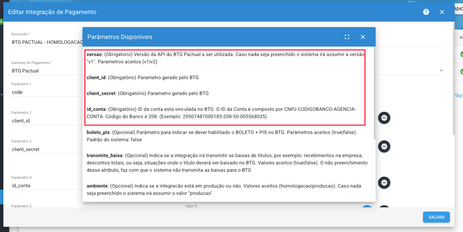 Parâmetros da integração BTG
