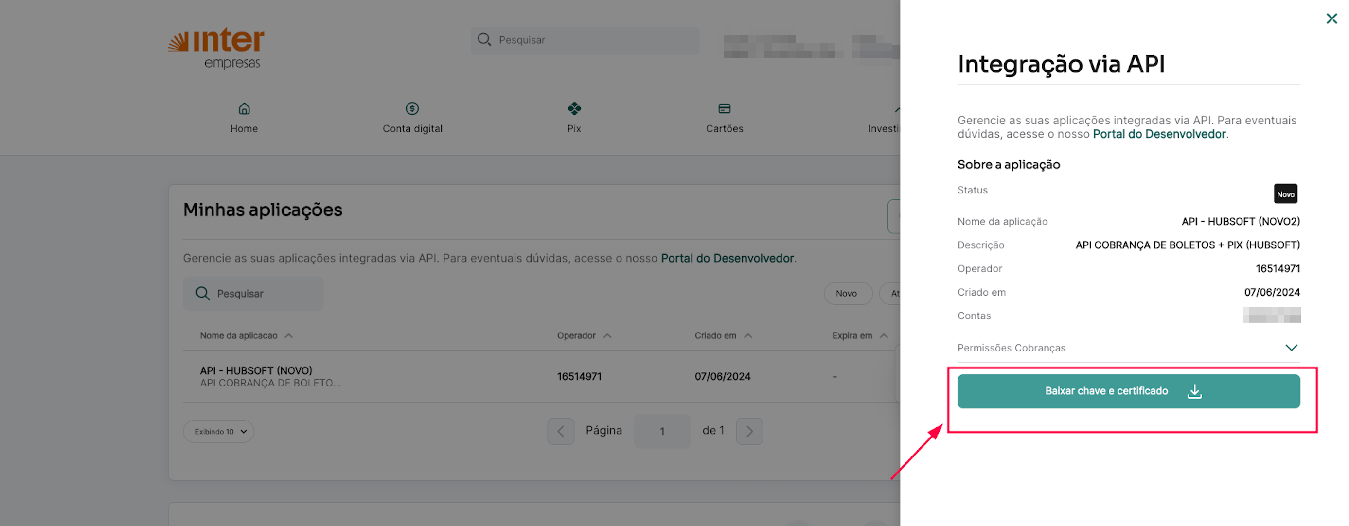 imagem_que_mostra_modulo_minhas_aplicacoes_integracao_via_api_baixar_chave_e_certificado