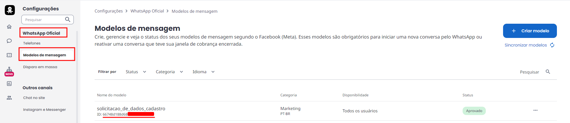 imagem_que_mostra_modulo_configuracao_whatsapp_oficial_modelos_de_mensagem_na_plataforma_octadesk