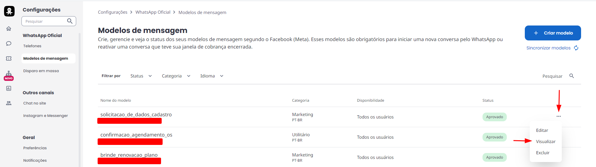 imagem_que_mostra_modulo_configuracao_whatsapp_oficial_modelos_de_mensagem_na_plataforma_octadesk_visualizar