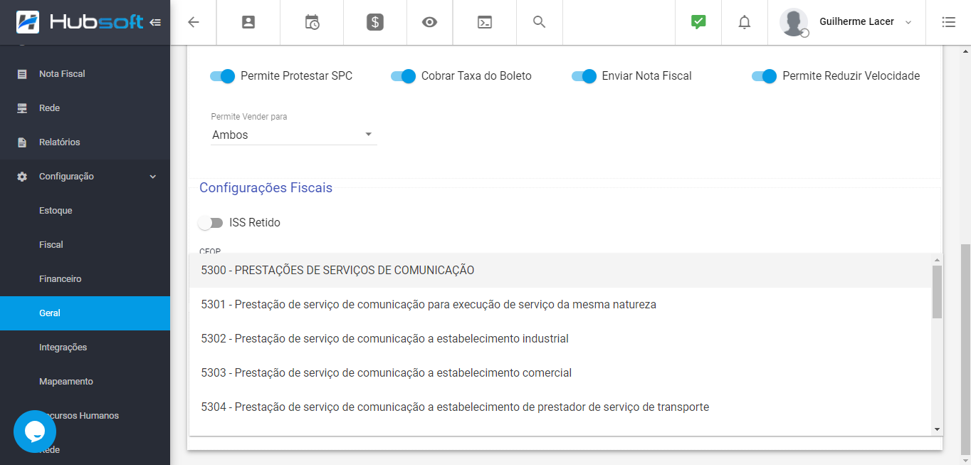 CFOP nas configurações de serviços