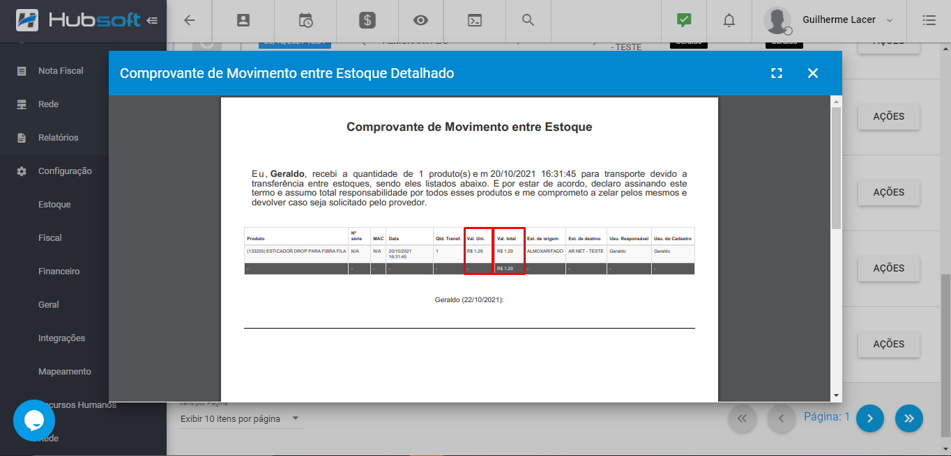 Valor uni. e total no comp. de movimento detalhado