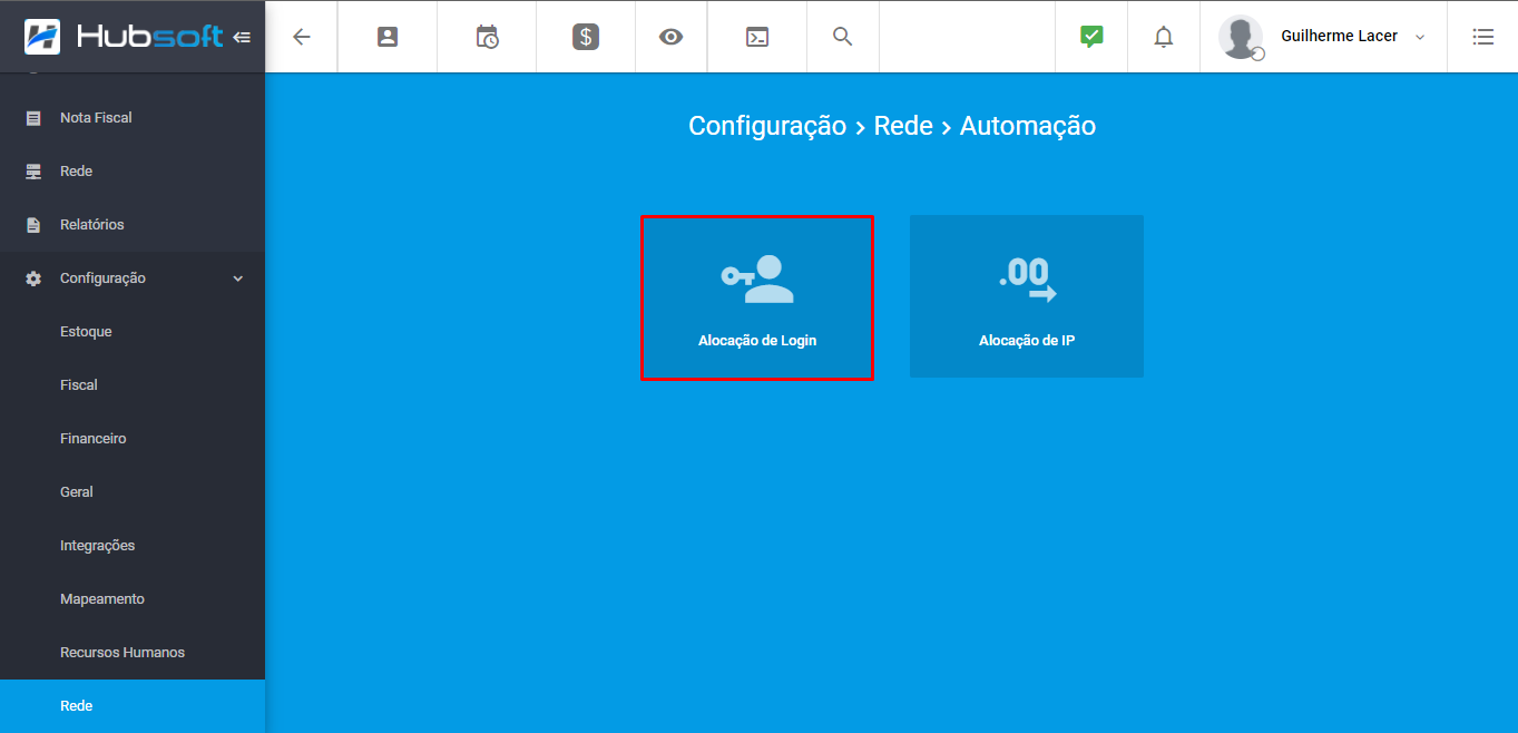 Menu alocação de login