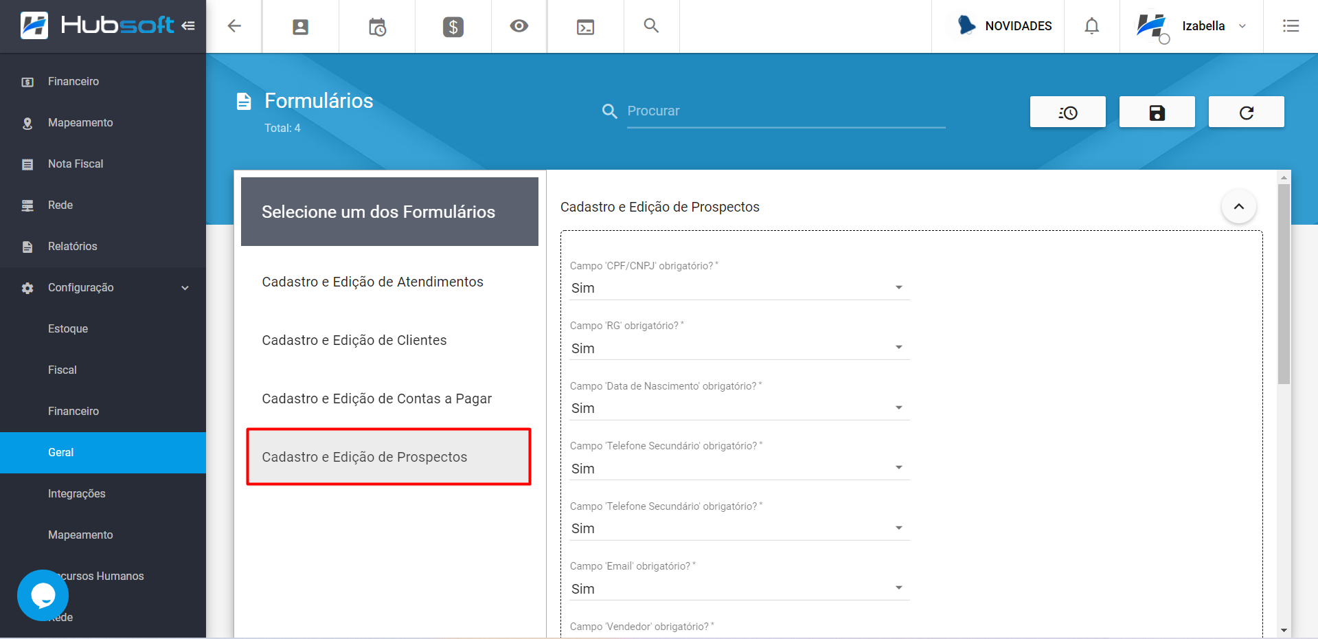 Cadastro e edição de prospectos