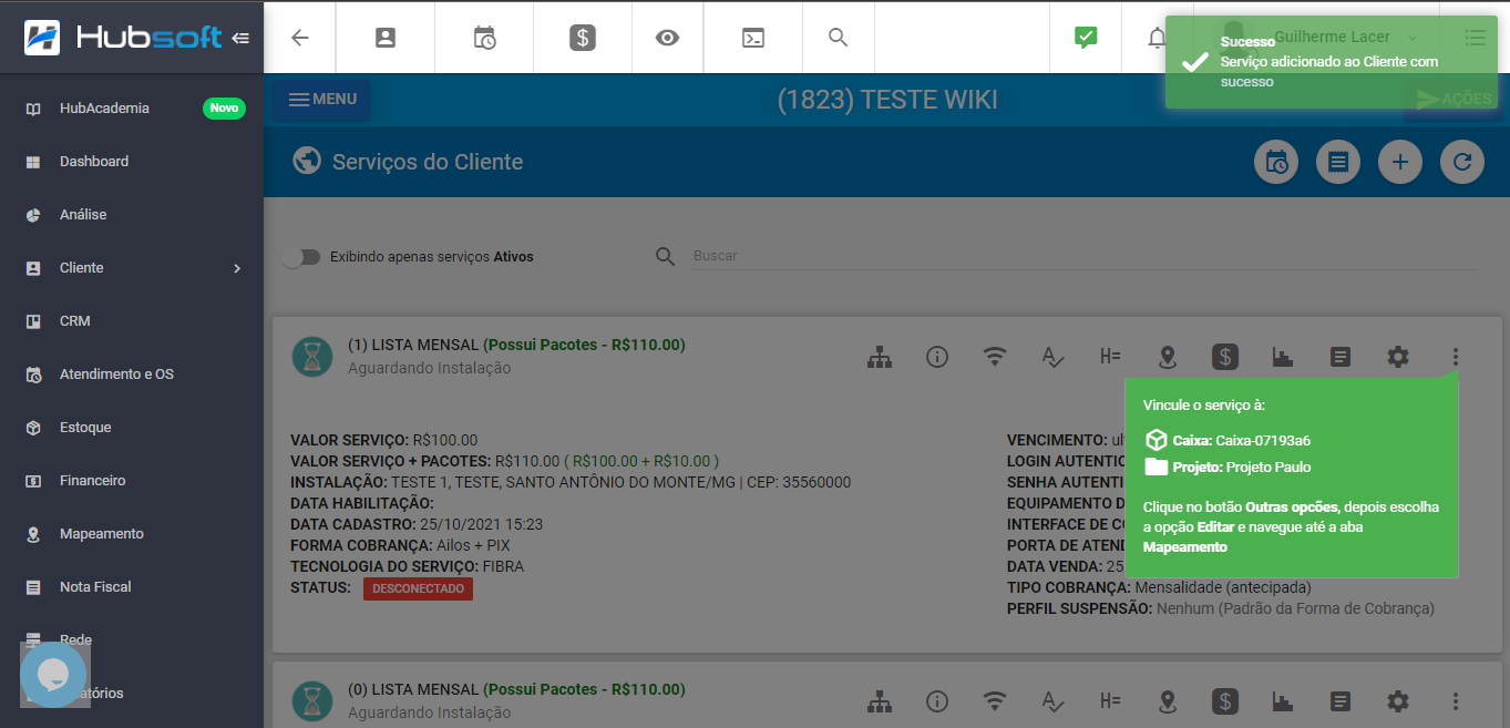 Sucesso novo serviço