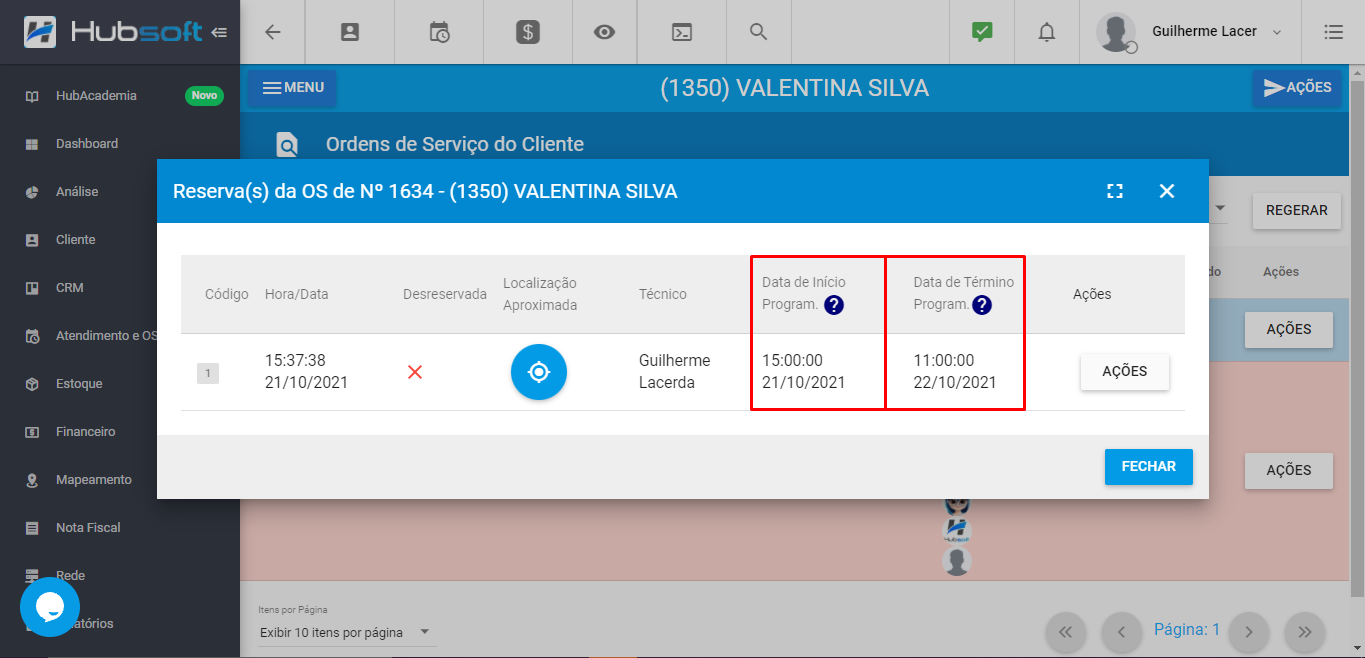 Data de início e término OS