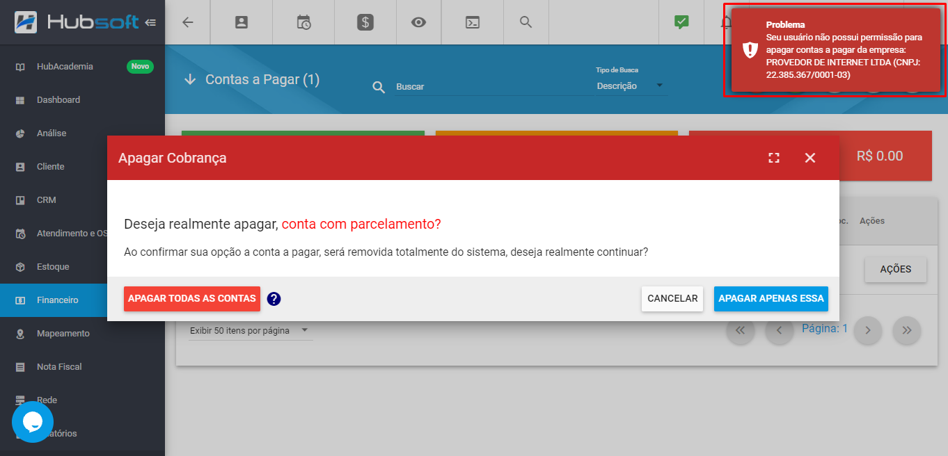 Apagar cobrança sem permissão