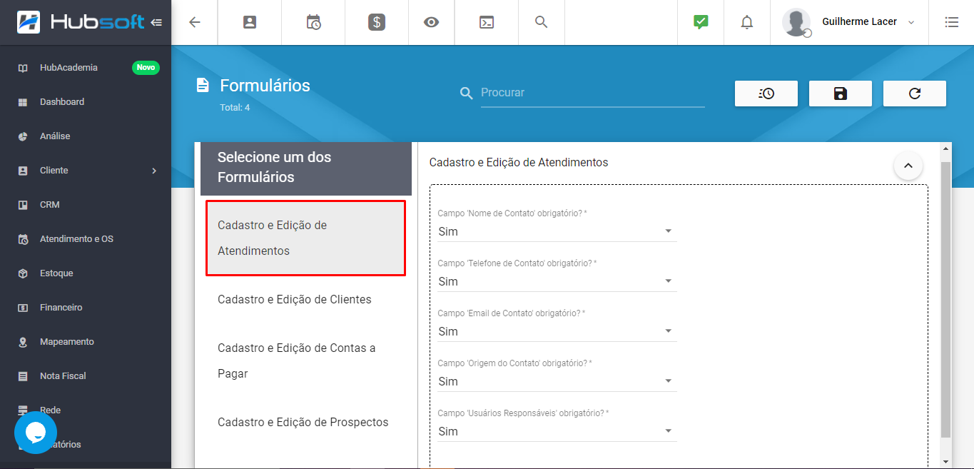 Cadastro e edição de atendimentos