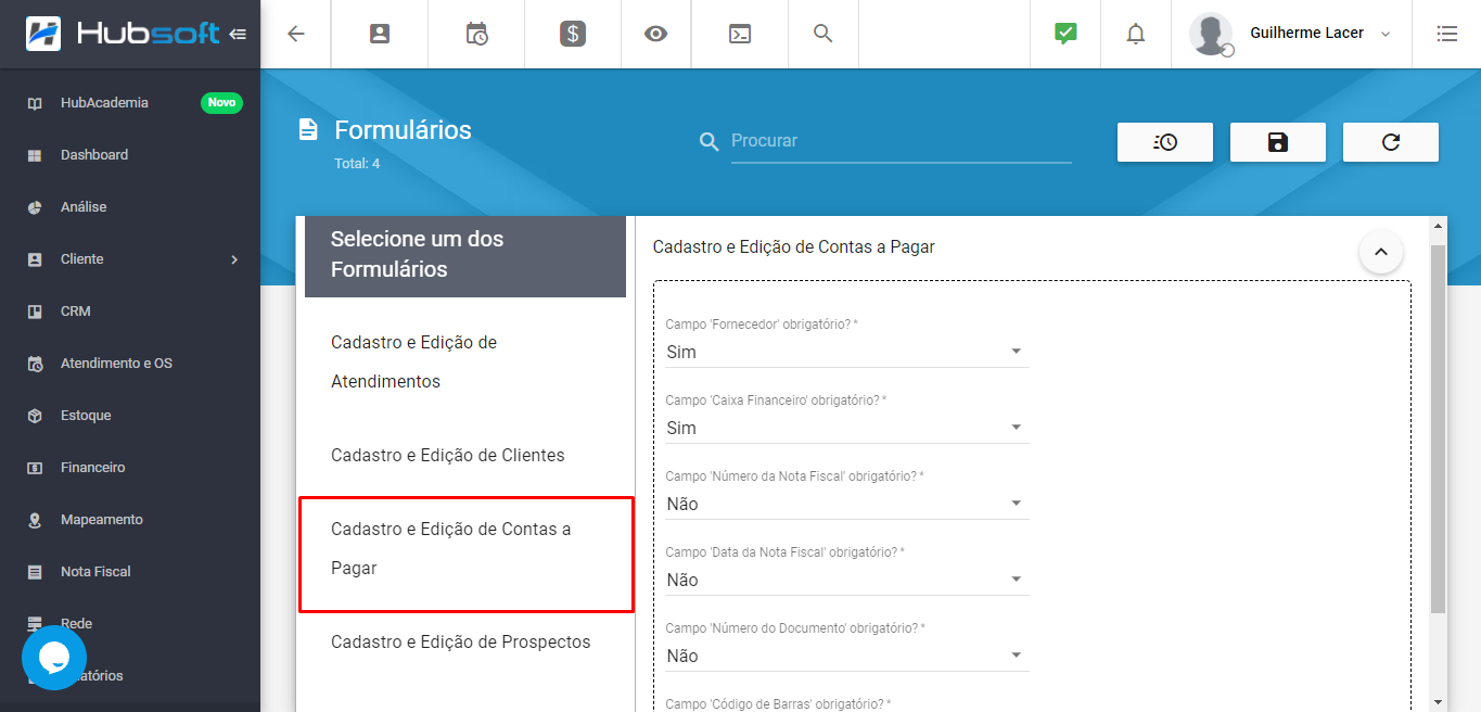 Cadastro e edição de contas a pagar