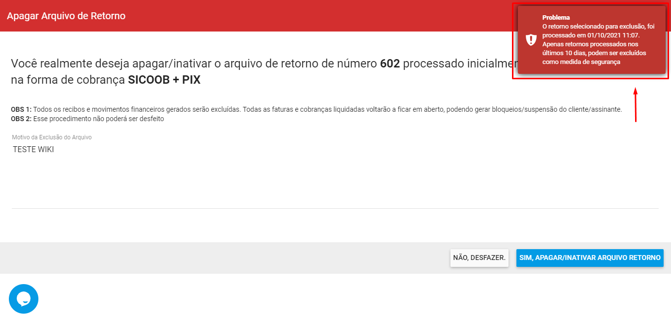 Erro apagar retorno - 10 dias