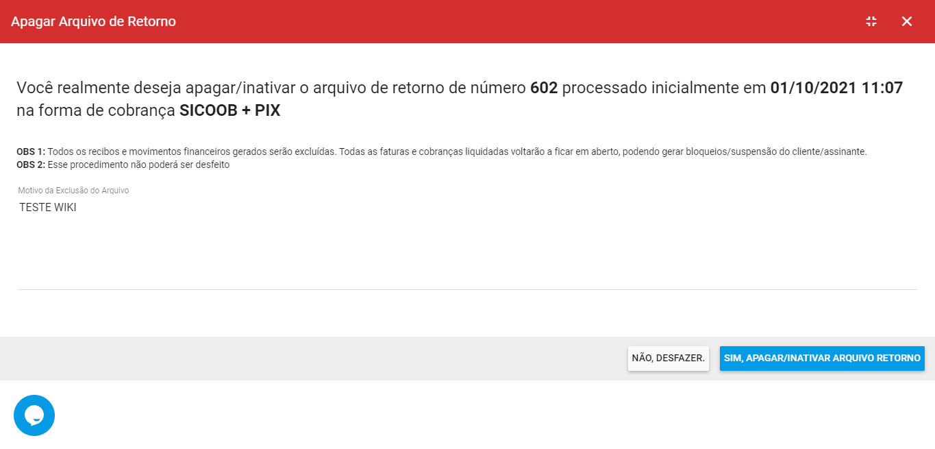 Apagar retorno alerta 1