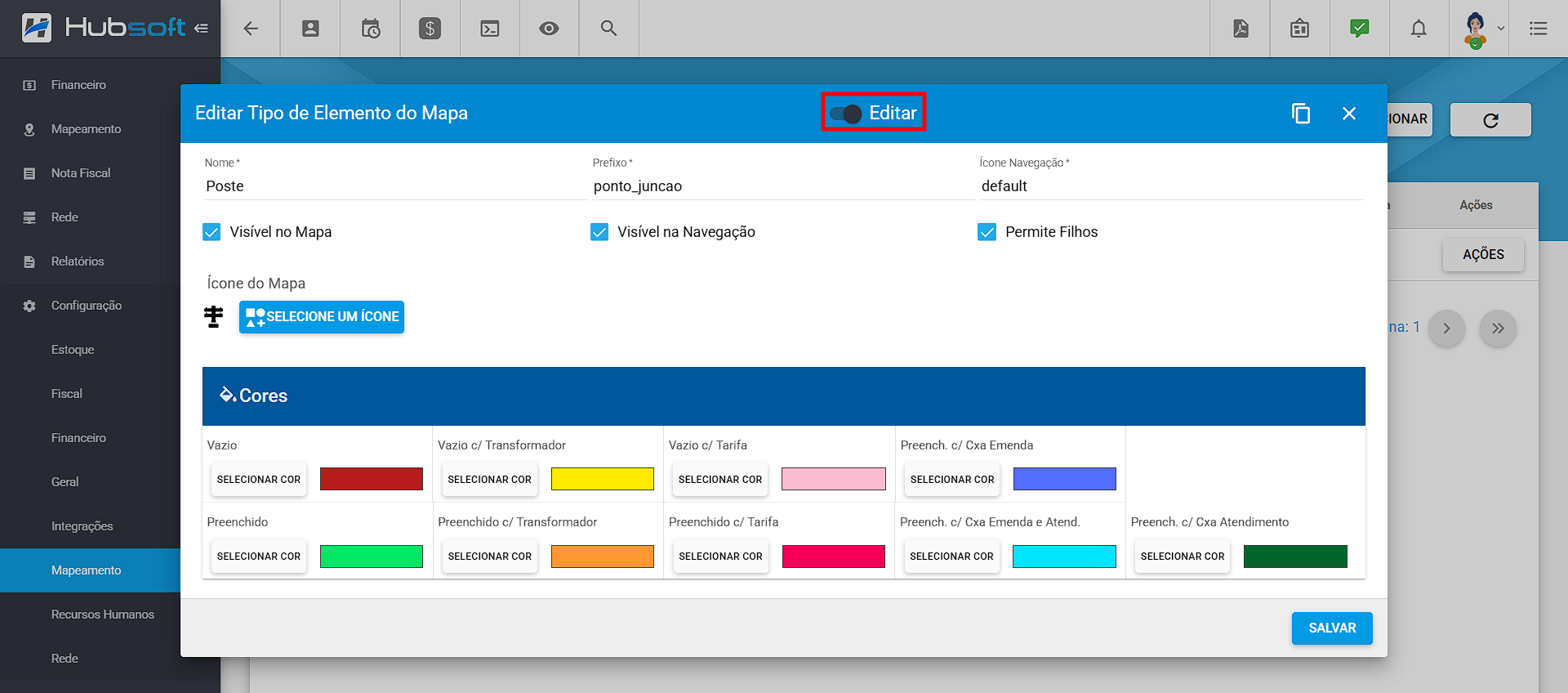 imagem_que_mostra_menu_lateral_configuracao_mapeamento_tipo_de_elemento_acoes_visualizar_editar