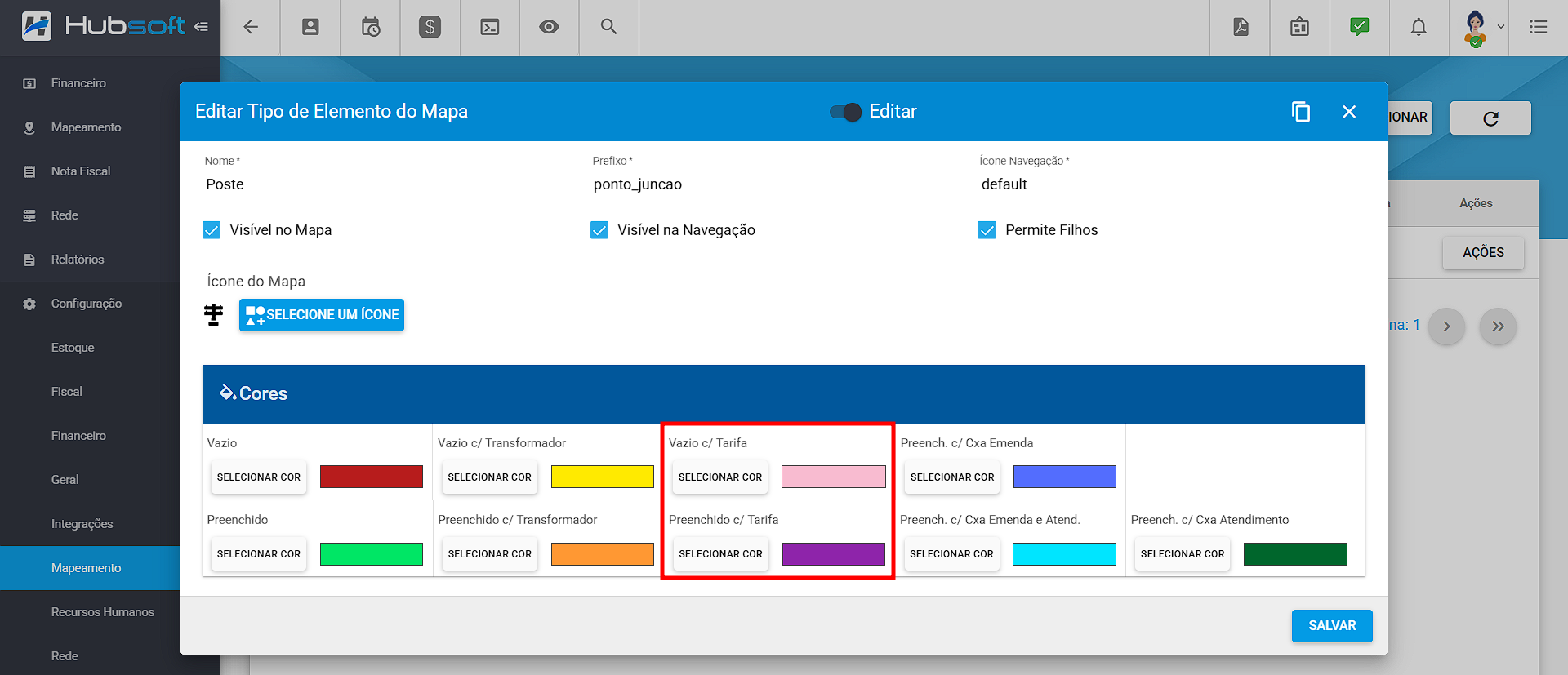 imagem_que_mostra_menu_lateral_configuracao_mapeamento_tipo_de_elemento_acoes_visualizar_editar_cor_selecionada