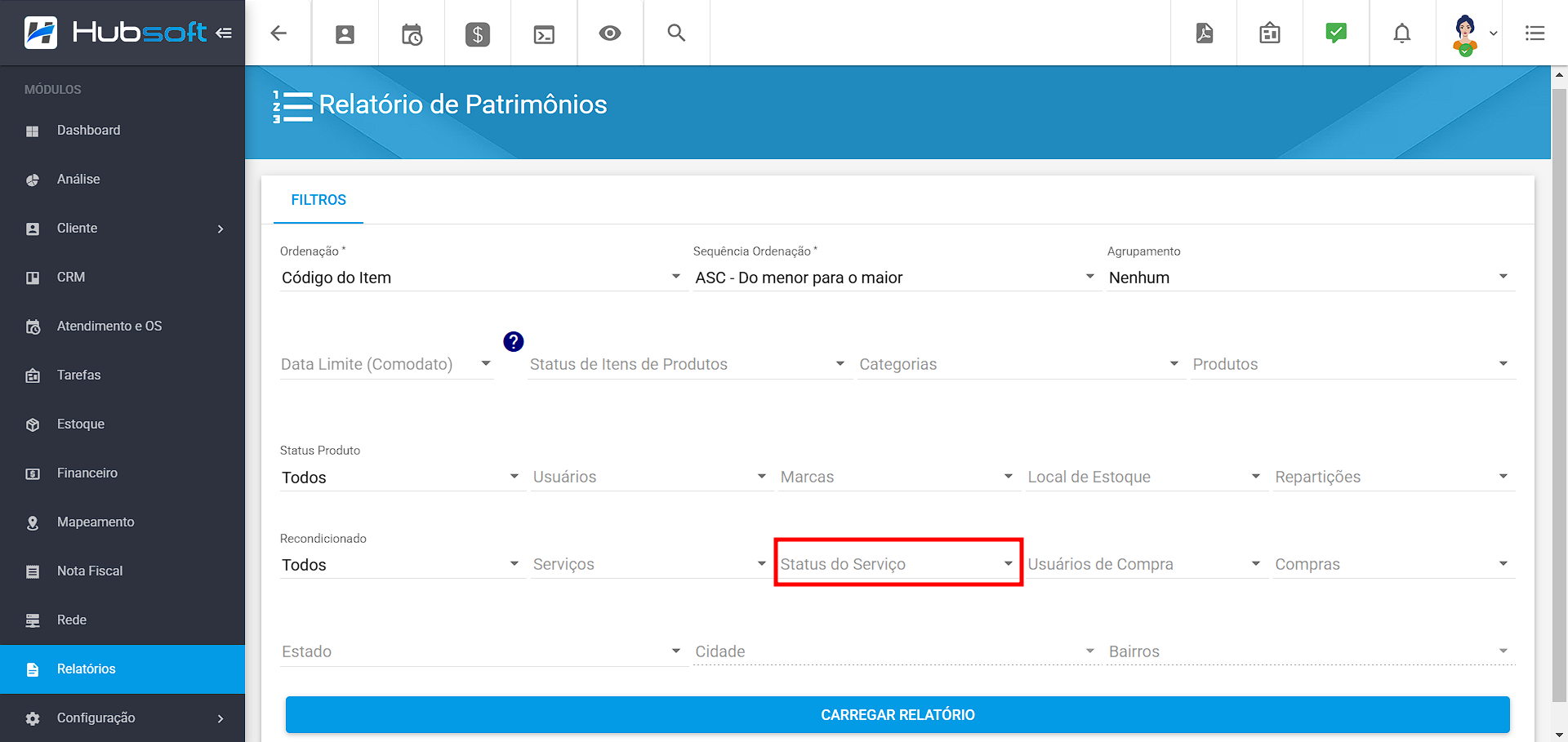 imagem_que_mostra_relatorio_de_patrimonios_destacando_filtro_de_status_do_servico