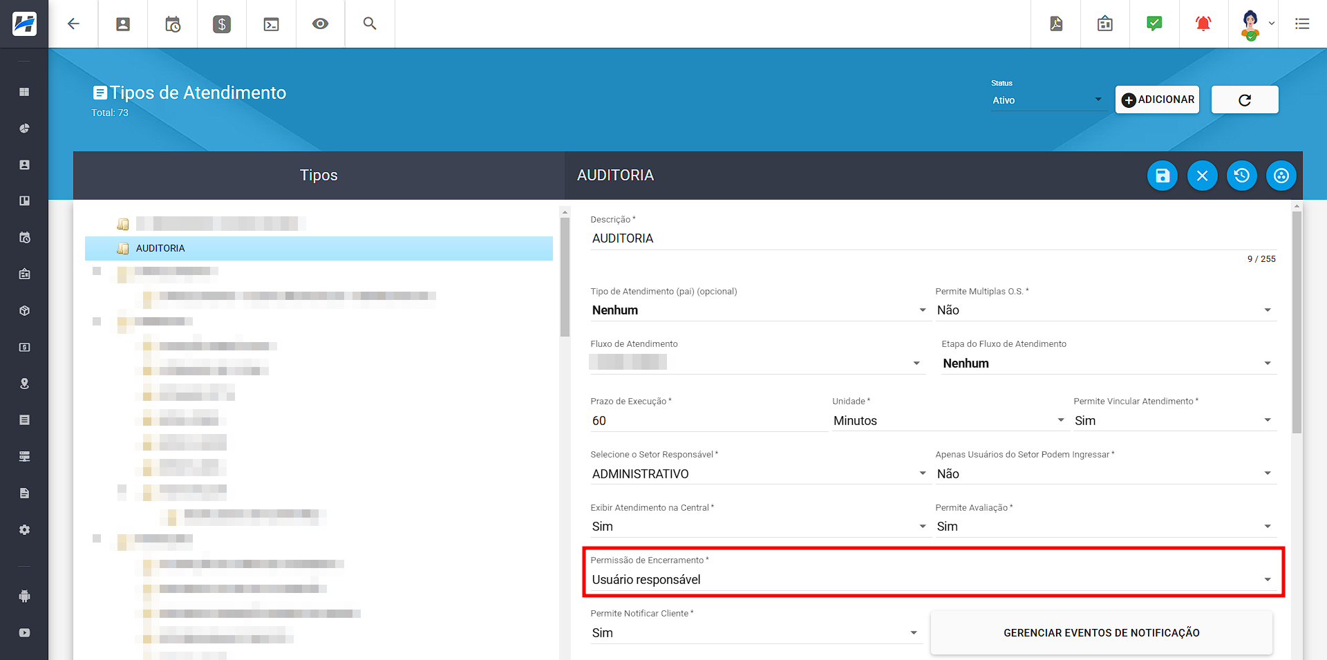 imagem_que_mostra_menu_lateral_configuracao_geral_tipos_de_atendimento_destacando_novo_campo_permissao_de_encerramento