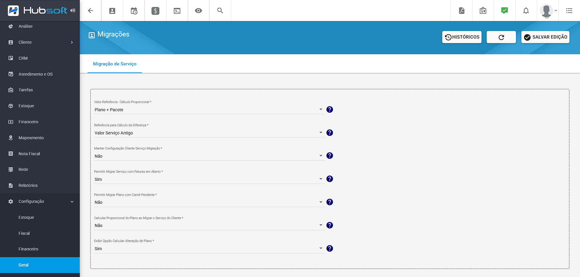 imagem_que_mostra_menu_lateral_configuracao_geral_cliente_migracoes_aba_migracoes_de_servico