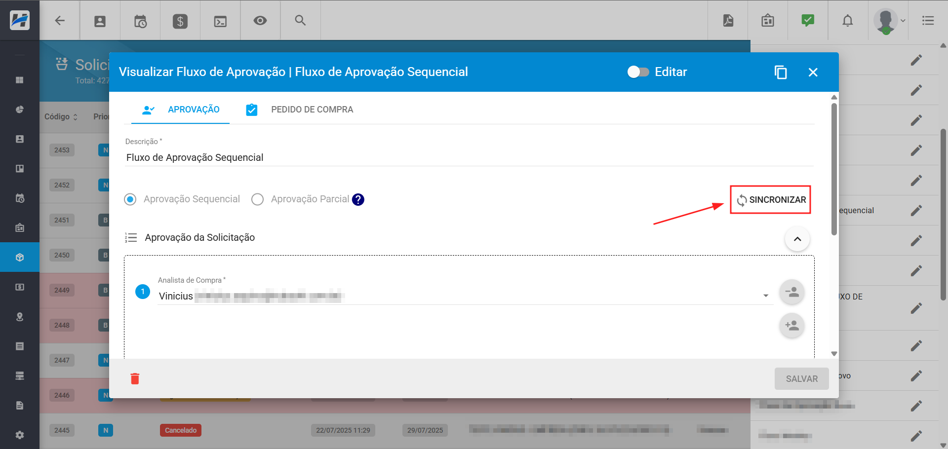 imagem_que_mostra_solicitacao_de_compra_fluxo_de_aprovacao_opcao_sincronizar