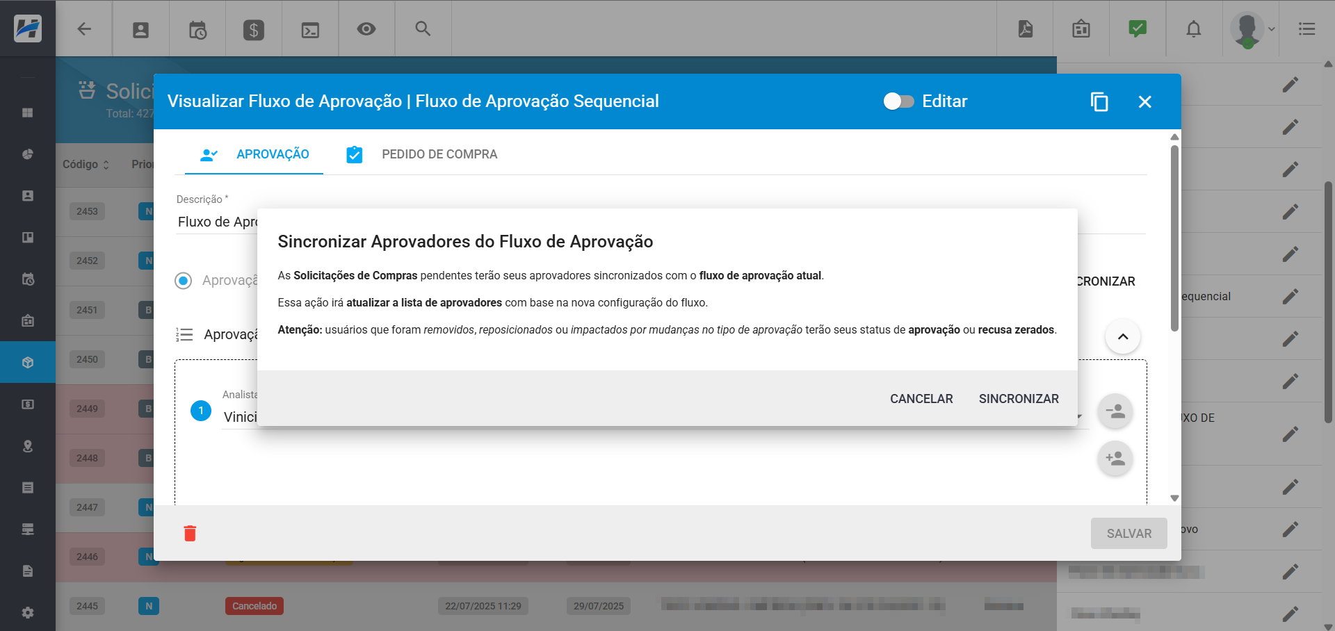 imagem_que_mostra_solicitacao_de_compra_fluxo_de_aprovacao_opcao_sincronizar_confirmacao
